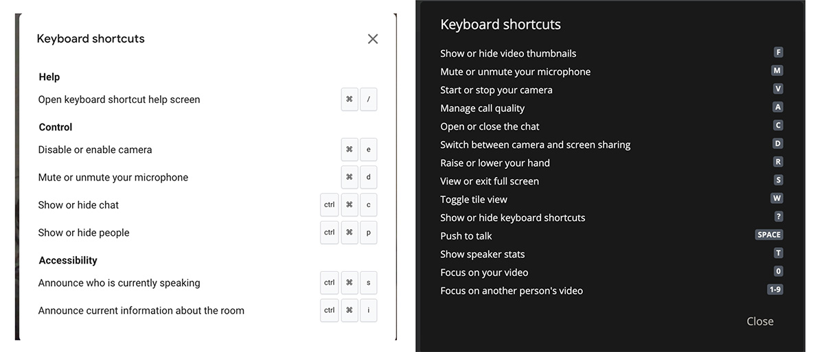 Keyboard shortcuts for both systems: Meet is on the left, while Wildix is on the right.