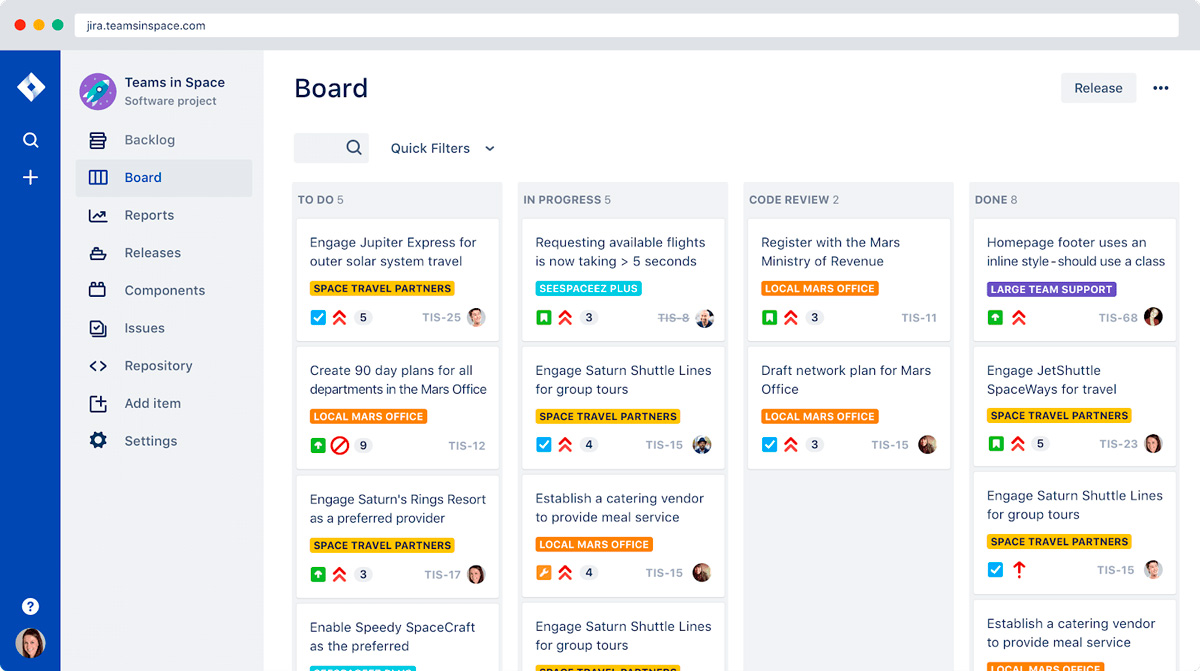 An example Kanban board using the Cloud-based solution Jira.
