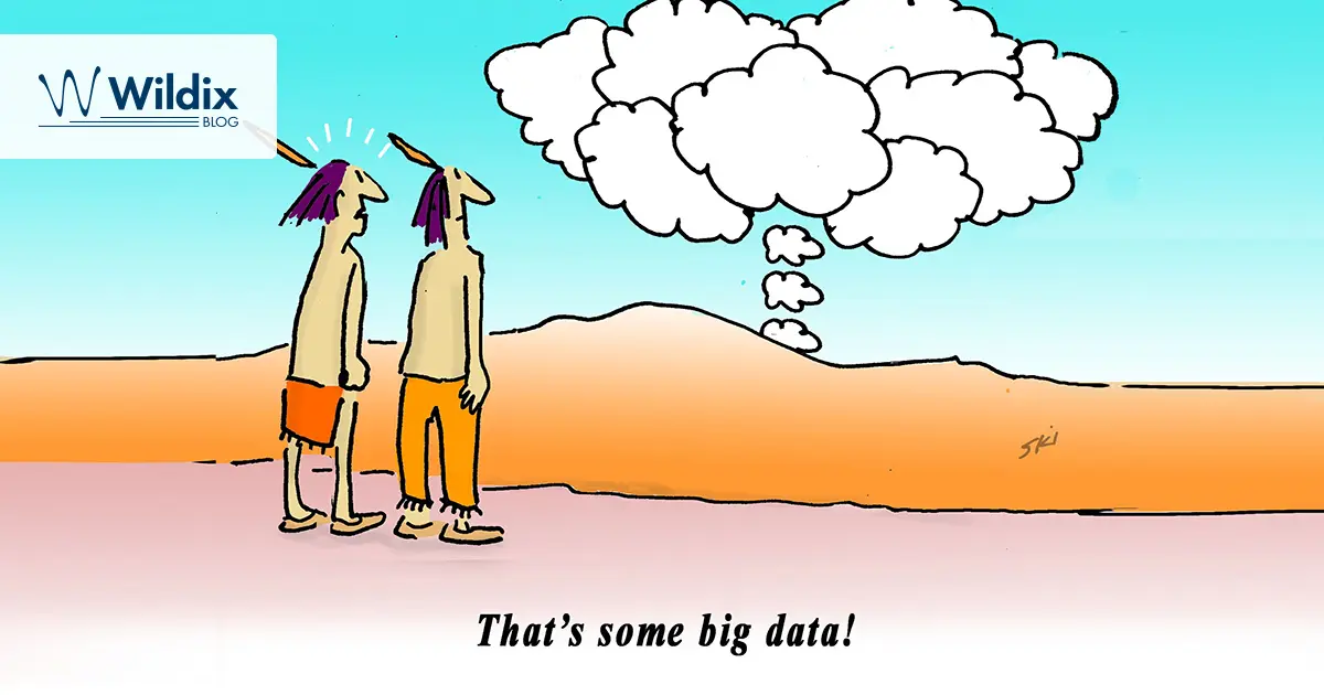 Two Indians are standing and looking at the smoke signal, saying "That's some big data!"