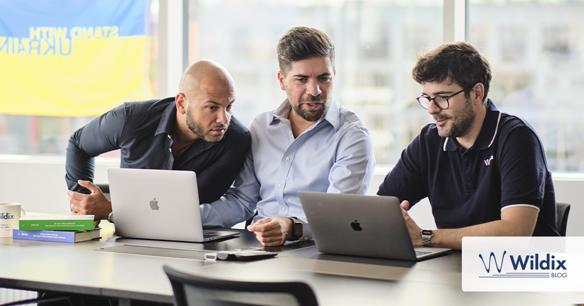 Three businessmen looking at laptop, discussing tasks and brainstorming new ideas