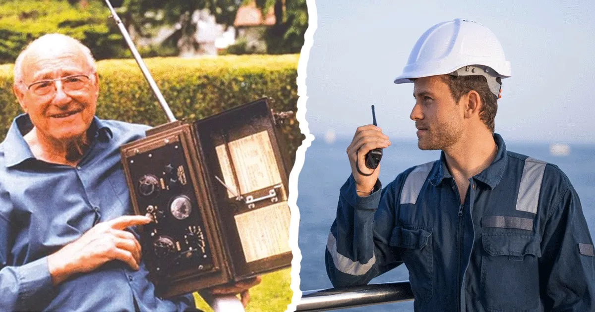 The inventor of Walkie-talkie and worker using a portable hand-held radio device