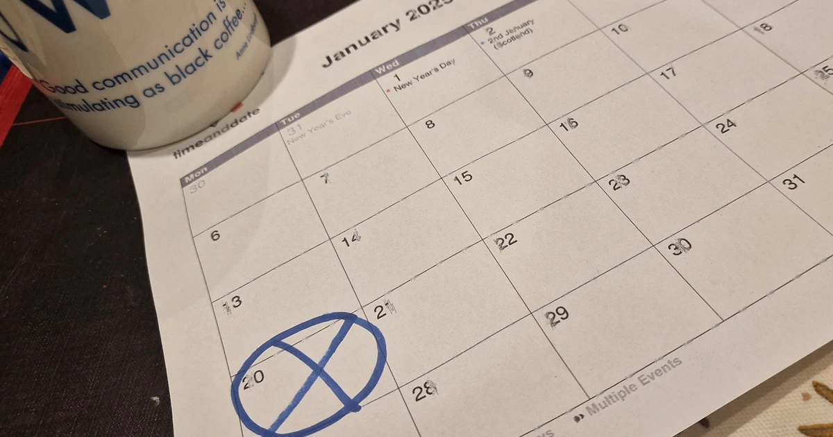 Calendar with the date January 20th circled